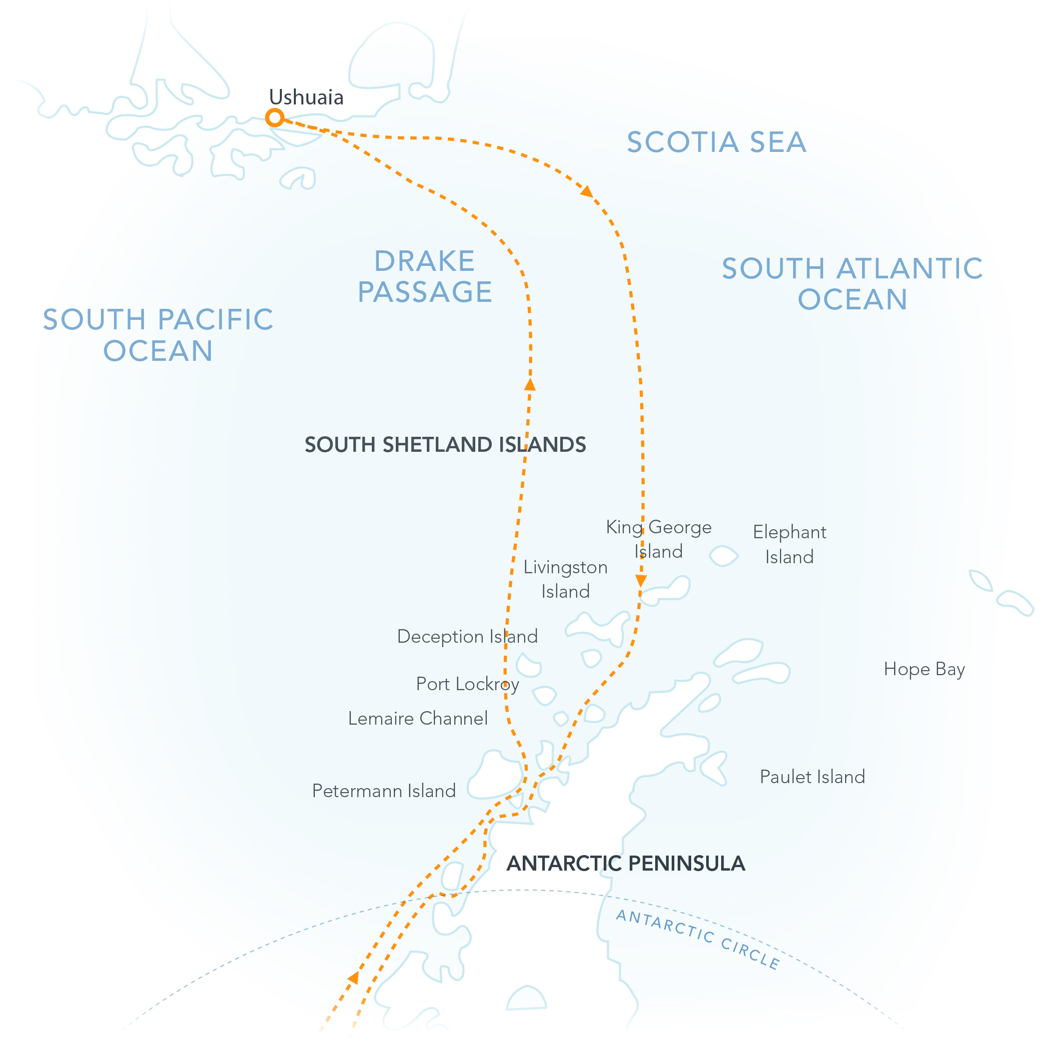 南極半島・南極圏とサウスシェトランド諸島クルーズ地図